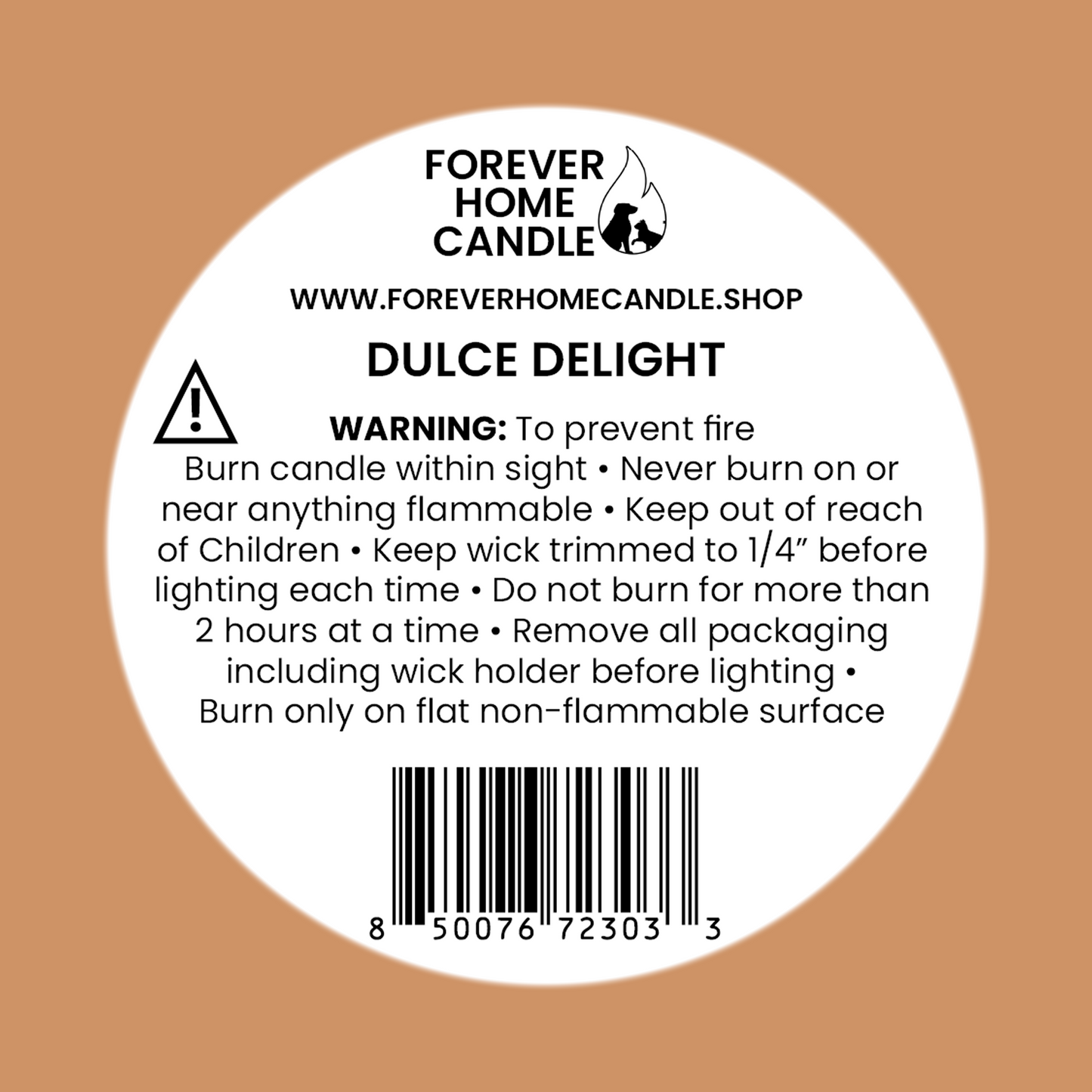 Candle label with warning information and branding on a brown background