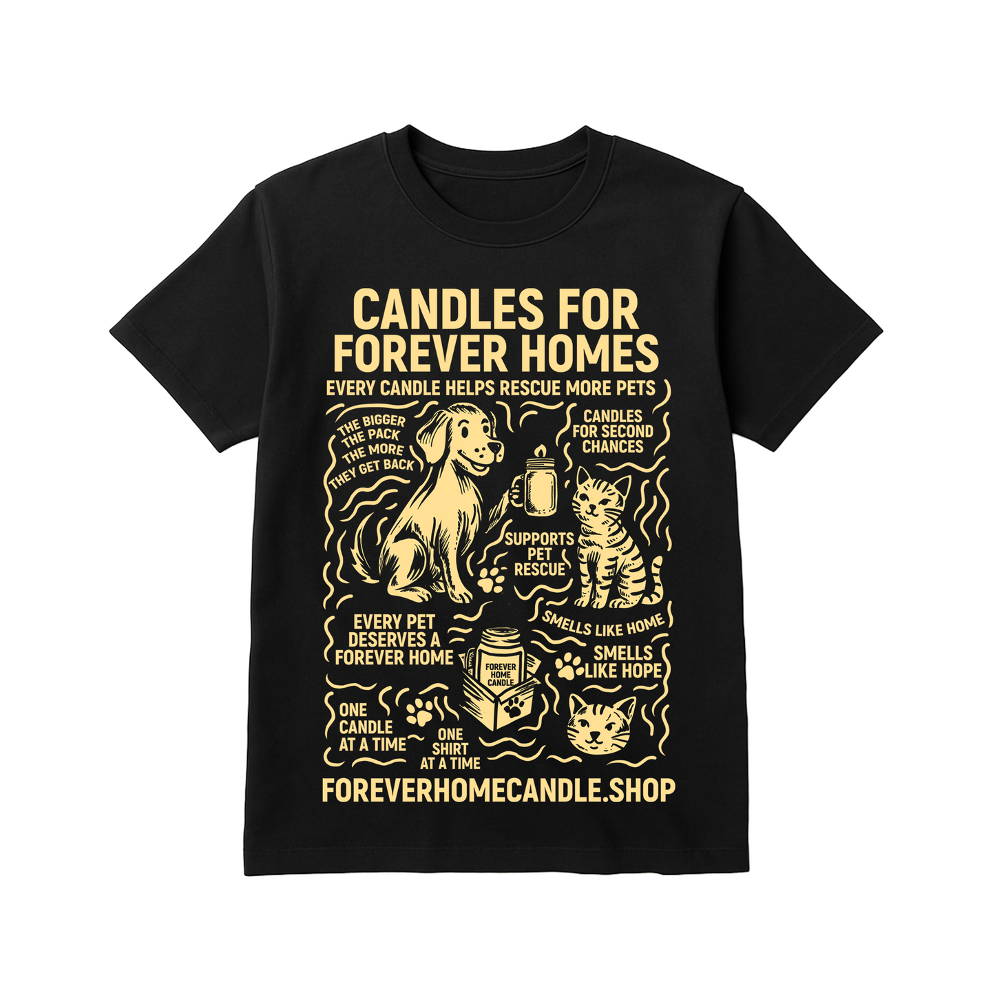 Black t-shirt with yellow graphic and text about candles for rescue pets on a white background