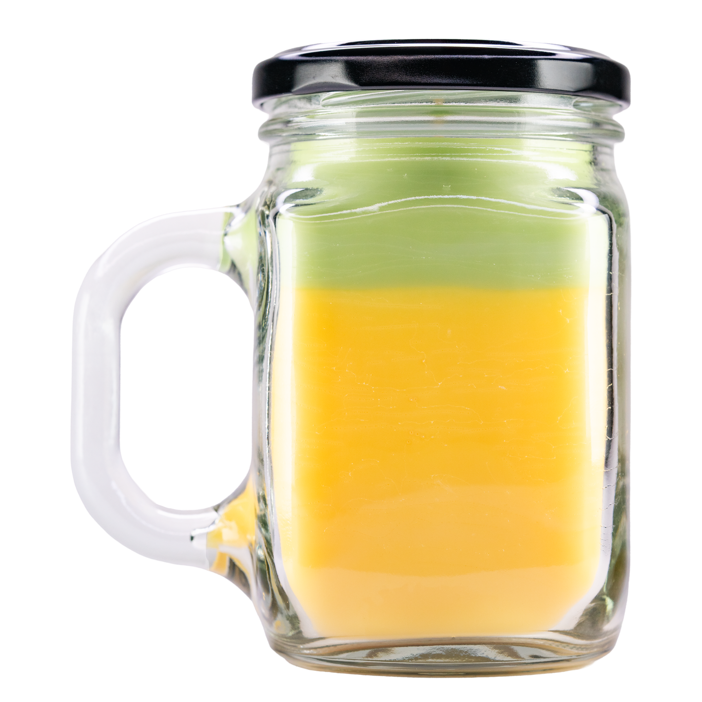 Glass mason jar with a black lid filled with a cande mix