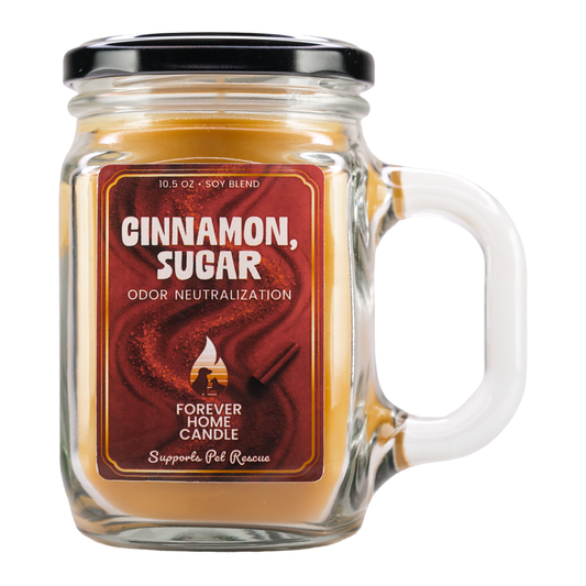 Cinnamon Sugar candle in a glass mason jar with a handle on a white background