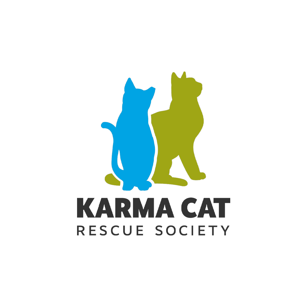Logo of Karma Cat Rescue Society with blue and green cat silhouettes on a white background